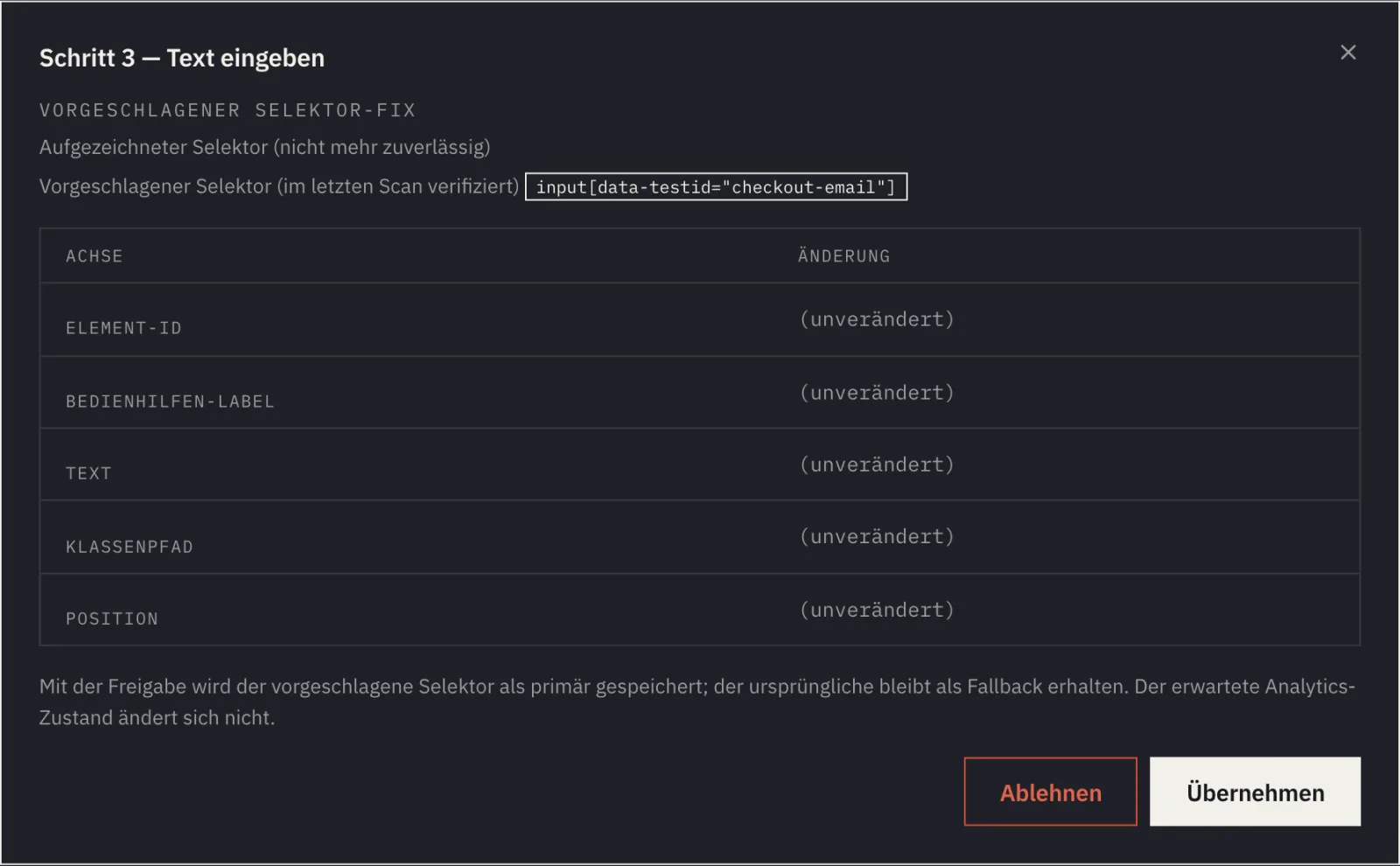 Der Dialog „Vorgeschlagener Selektor-Fix“ für einen Eingabeschritt: ein vorgeschlagener input-Selektor mit data-testid-Attribut, eine Tabelle der Elementeigenschaften ohne Änderung und die Schaltflächen Ablehnen und Übernehmen.