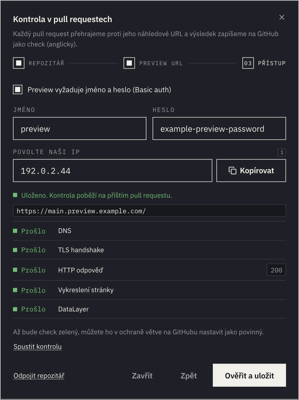 Krok Přístup s vyplněným Basic auth, IP adresou a úspěšným ověřením