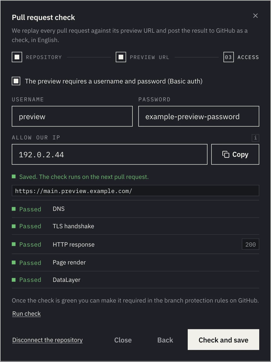 The Access step with Basic auth filled in, the IP address and a passing check