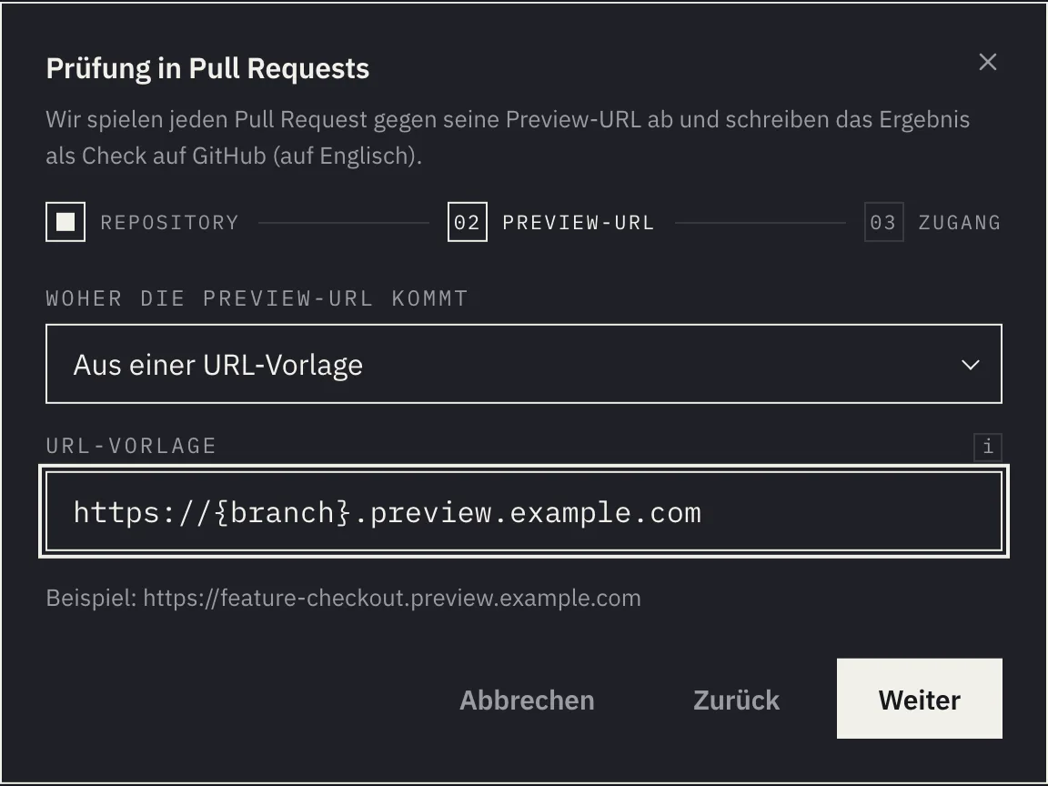 Der Schritt Preview-URL mit einer URL-Vorlage und der daraus entstehenden Beispieladresse