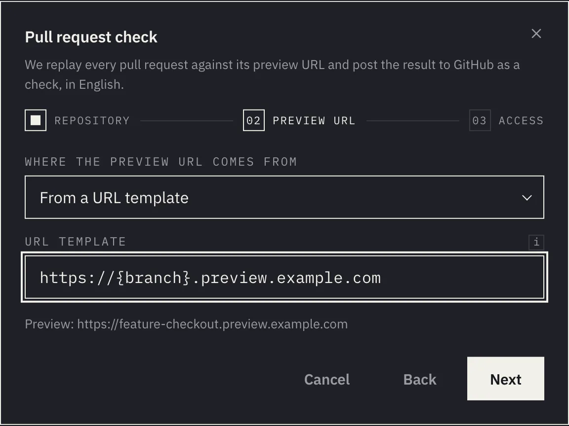 The Preview URL step with a URL template and the resulting sample address