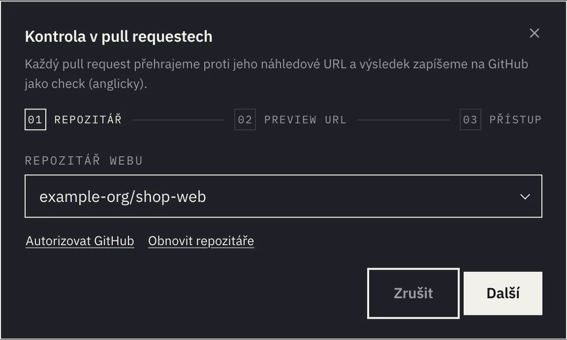 Dialog Kontrola v pull requestech, krok Repozitář s vybraným repozitářem