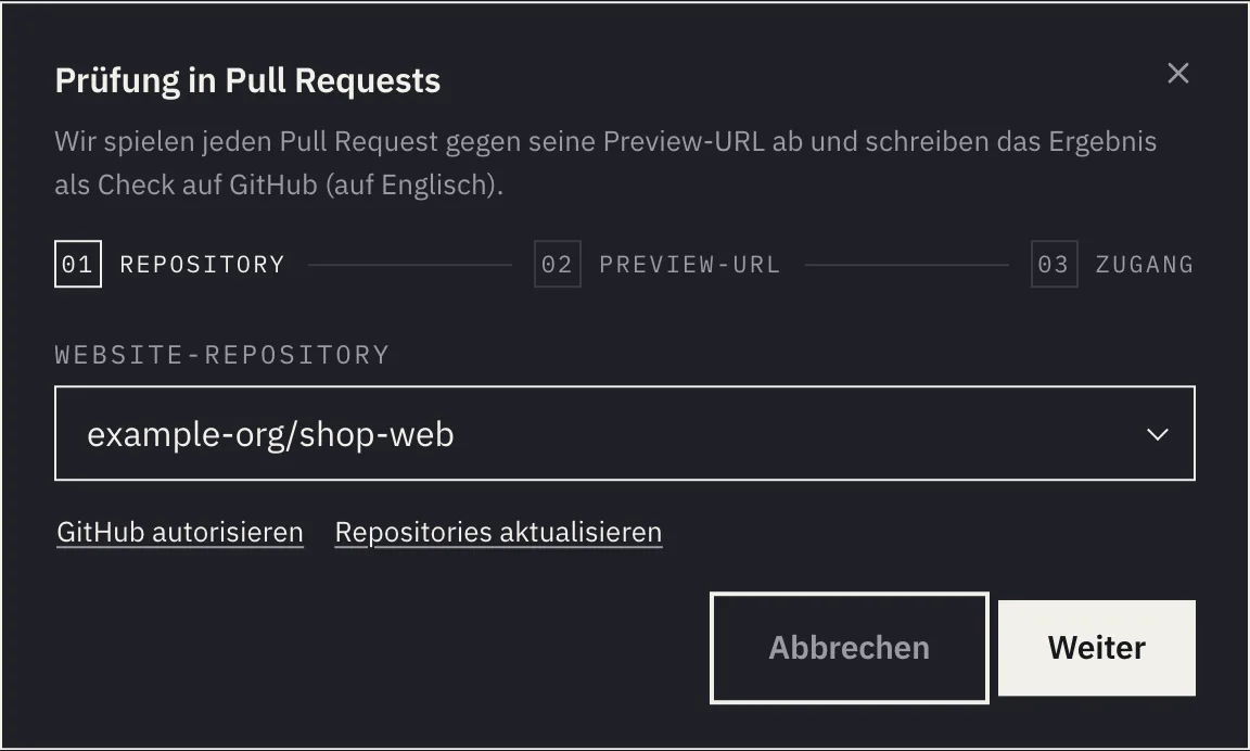 Der Dialog Prüfung in Pull Requests, Schritt Repository mit ausgewähltem Repository
