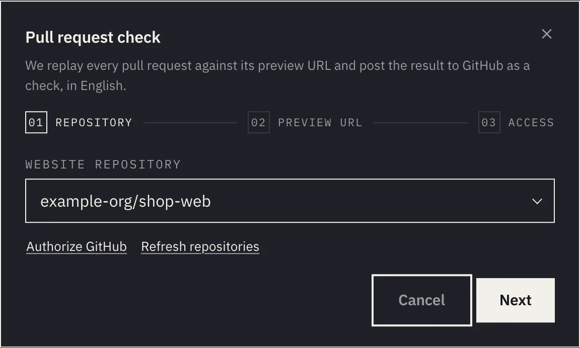 The Pull request check dialog, Repository step with a repository selected