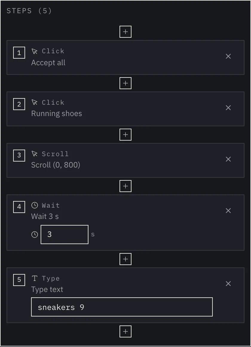 The step list in the recording dialog: a click on "Accept all", a click on a category, a scroll, a 3 s wait and typing into the search field.